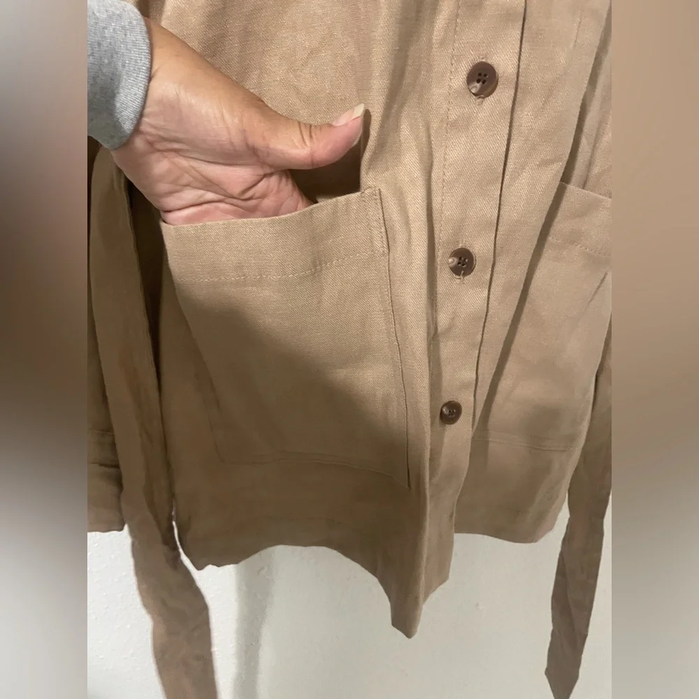 EUC H Halston safari cargo belted linen blend tan jacket size small